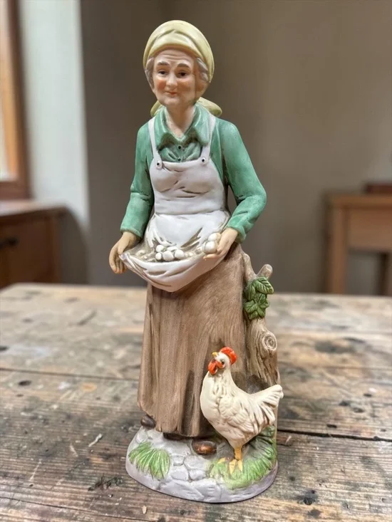 HOMCO Woman Collecting Eggs with Chicken Figurine #1434