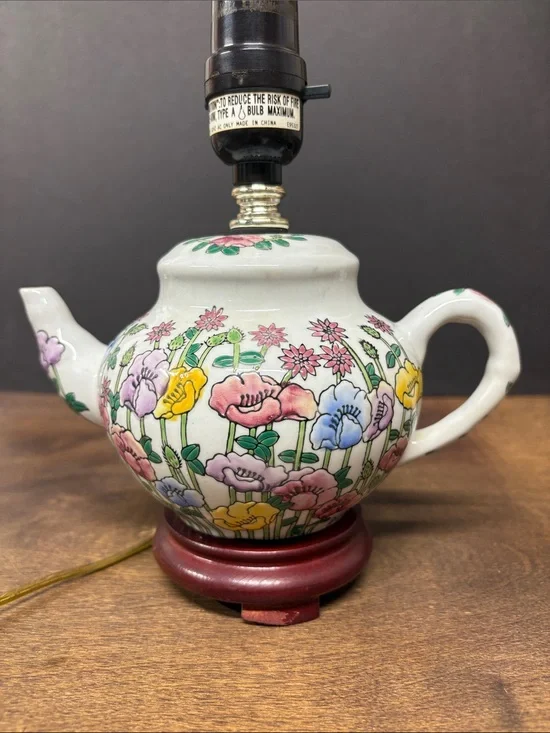 Floral Porcelain Teapot Lamp - Multicolor Poppy Pattern