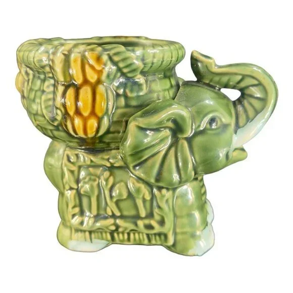 Vintage Majolica Style Ceramic‎ Elephant Dish Bowl Candle Votive Holder Green