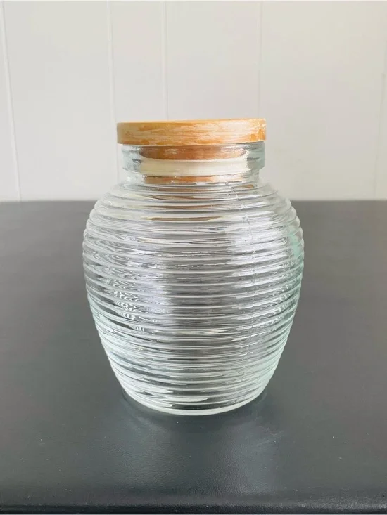 Ribbed Glass Jar with Wooden Lid - Clear