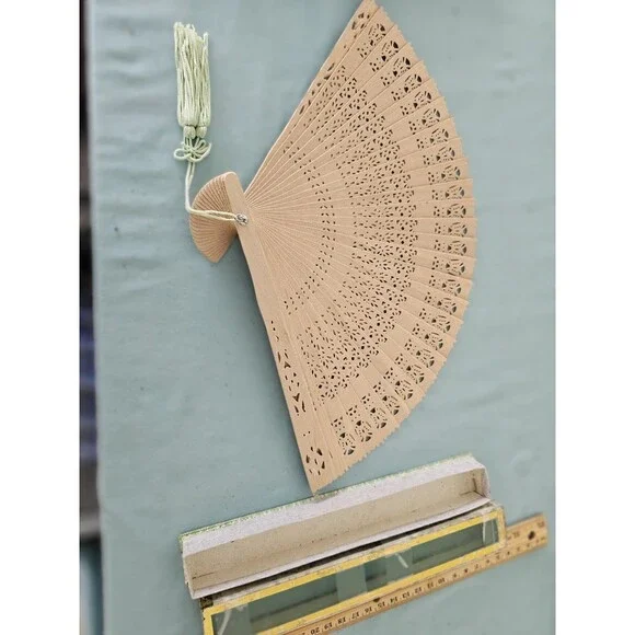 Vintage Wooden Folding Fan With Glass Top Box