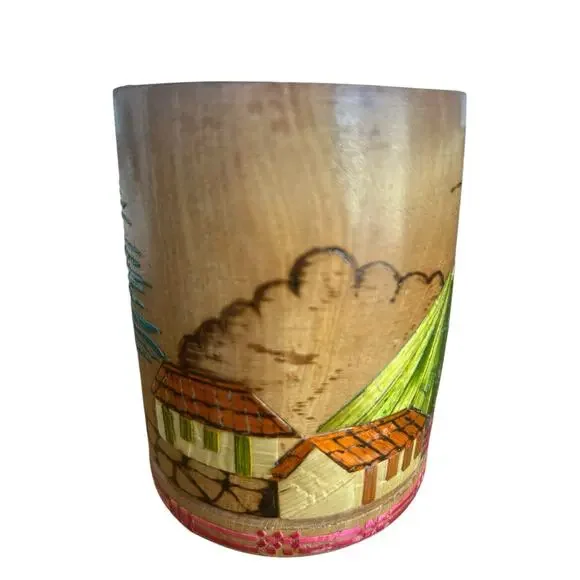 Vintage 1950s MCM‎ Wooden Pencil Holder Wood Cup Souvenir Hawaiian tropical boho