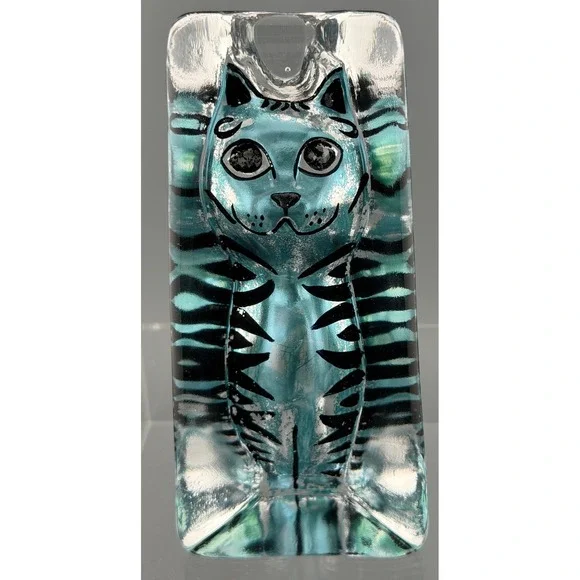 Vintage Paperweight Cat Kriff Design Art Glass Blue Hand Painted 6