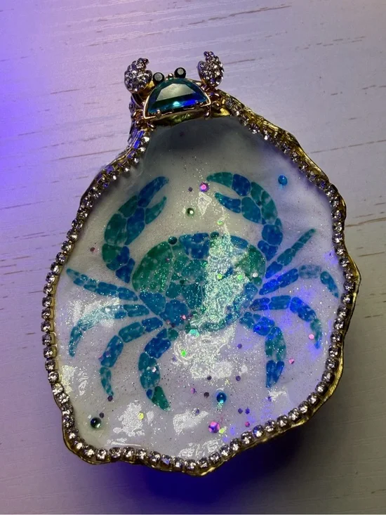 Handcrafted decoupage stain glass Blue Crab oyster shell trinket dish