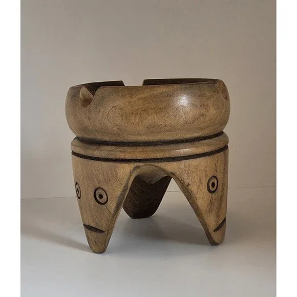 Vintage Hand Carved Wooden Ashtray Tribal Face Folk Art Bowl Catchall Decor