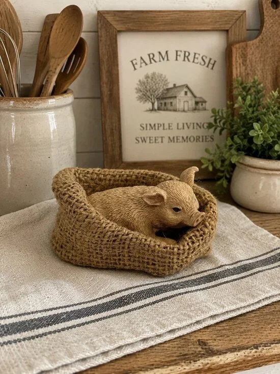 Resin Piglet in Burlap Basket Farmhouse Country Decor Figurine Pig Sculpture