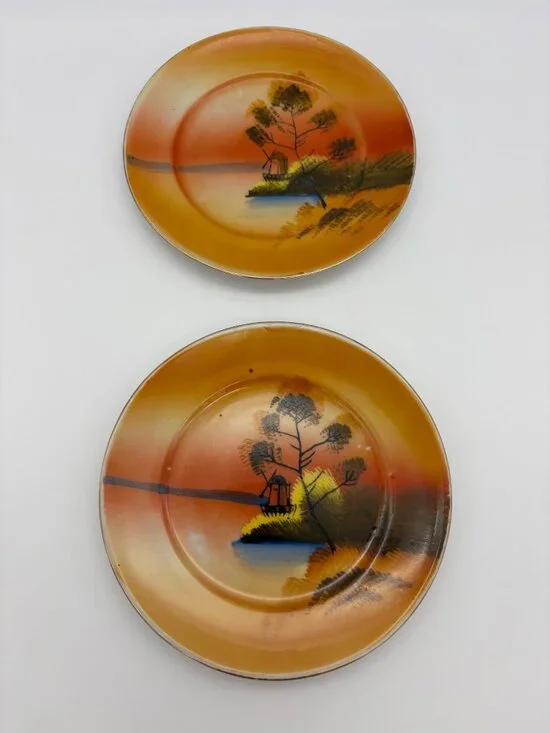 Vintage Japanese Lusterware Plates Set 2 5in Hand Painted Windmill Landscape Art