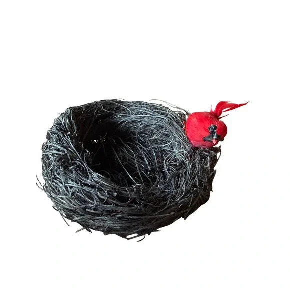 Decorative Black Woven Twig Bird Nest with Red Cardinal Figurine Rustic Decor