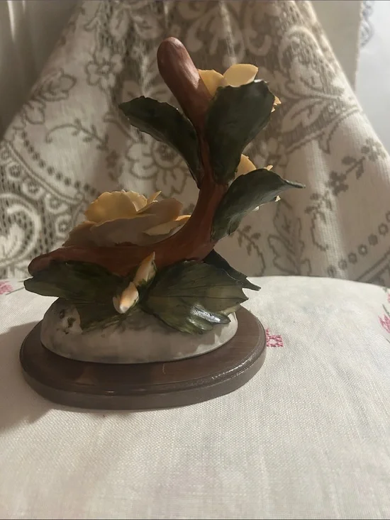 Yellow Floral Ceramic Sculpture on Wood Base