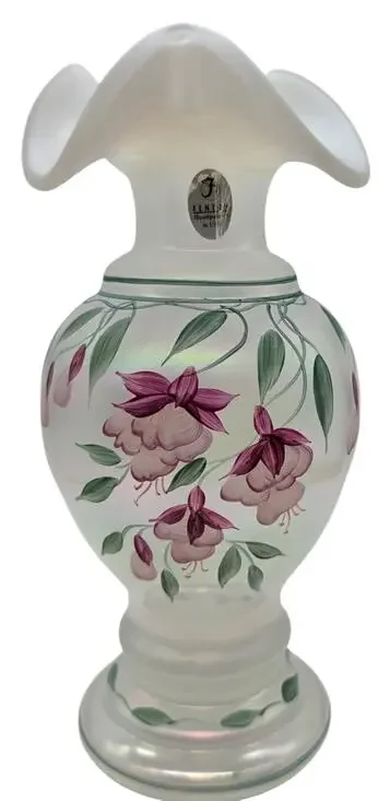 FENTON IRIDISED OPAL FUCHSIA DECORATED VASE SIGNED NUMBERED