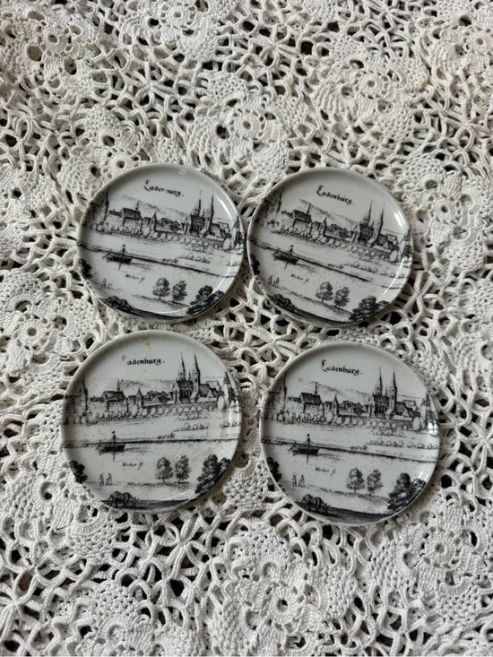 Vintage Black and White Scenic Germany Glass Mini Plates - Set of 4