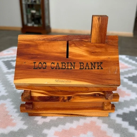 Handmade Log Cabin Bank Wooden Coin Bank - Natural Wood rustic