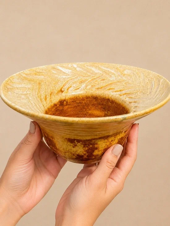 Signed Studio Pottery Bowl Honey Gold Amber Layered Glaze Carved Leaf Design