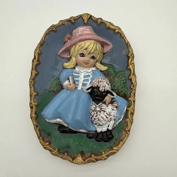 Vintage Little Bo Peep Sheep Ceramic Wall Art Plaque 90s Cottagecore