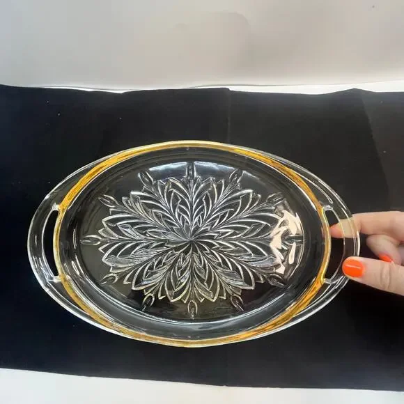 Vintage Jeannette glass feather gold rim tray 10.25x6.25 inches mcm‎ elegant