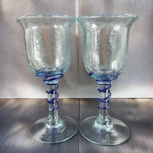Hand‎ Blown Crackle Glass Goblet Drinking Glasses Set 2 Clear Blue Swirl Goblets