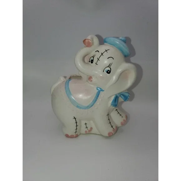 Vintage Ceramic Elephant Planter Blue Sailor Hat Kitsch Nursery Decor 629M