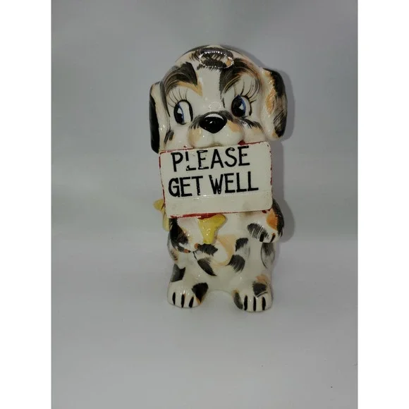 Vintage 1956 Napco Please Get Well Puppy Dog Planter Figurine K1853 Spotted Dog