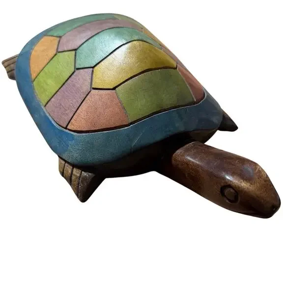 Hand Carved Wood Turtle Figurine Colorful Mosaic Shell Sculpture Folk Art Decor