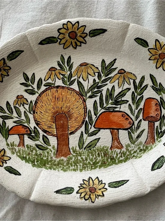 Vintage, Signed, Hand-Painted Mushroom & Floral Ceramic Accent Plate