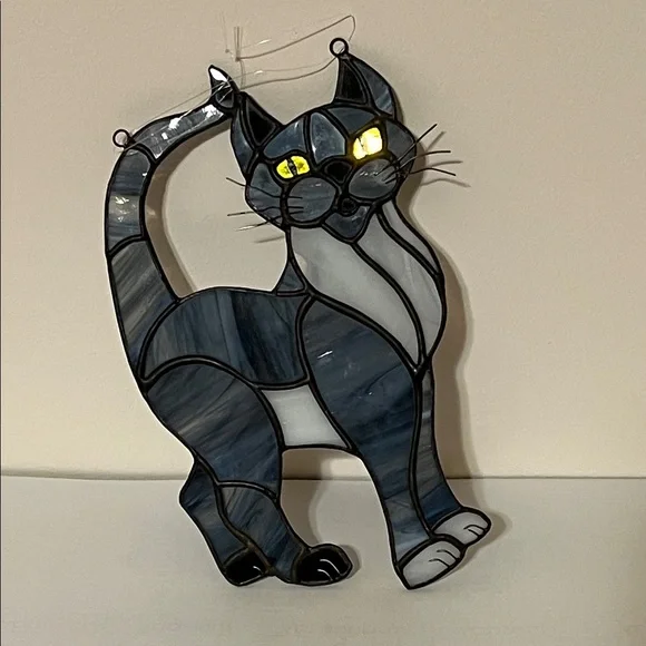 Stained Glass Cat Suncatcher - Blue, Black and Gray
