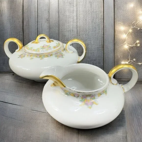 Wm Guerin & Co Limoges Porcelain Sugar And‎ Creamer Set France Gold Painted VTG