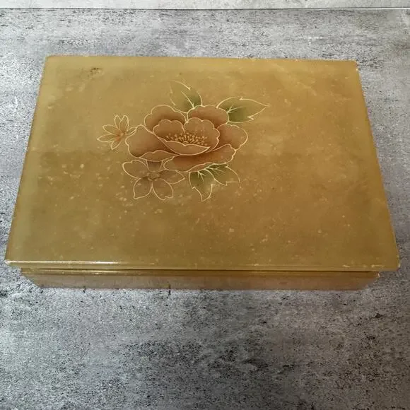 VTG Hinged Trinket Jewelry Box Roses Floral Alabaster Himark Giftware Made Italy