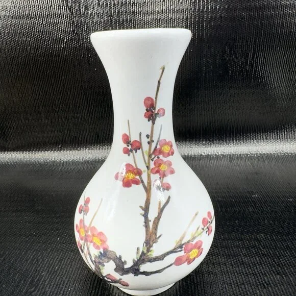 Vintage 1980s Pottery Vase Cherry Blossom Pattern Marked Heavy‎ Stoneware Vase