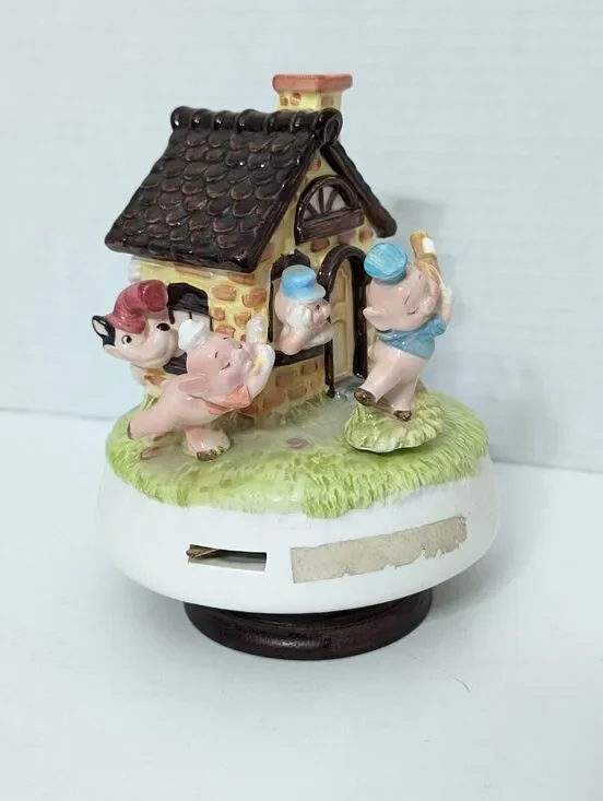 Vintage Disney Schmid Three Little Pigs & Big Bad Wolf Rotating Music Box - Rare