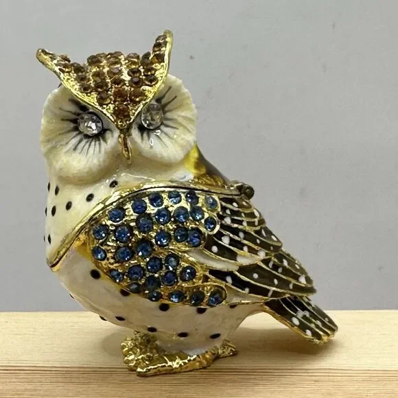Charming Owl Jeweled Enameled Trinket Box Rhinestone Magnetic Closure Gold-Tone
