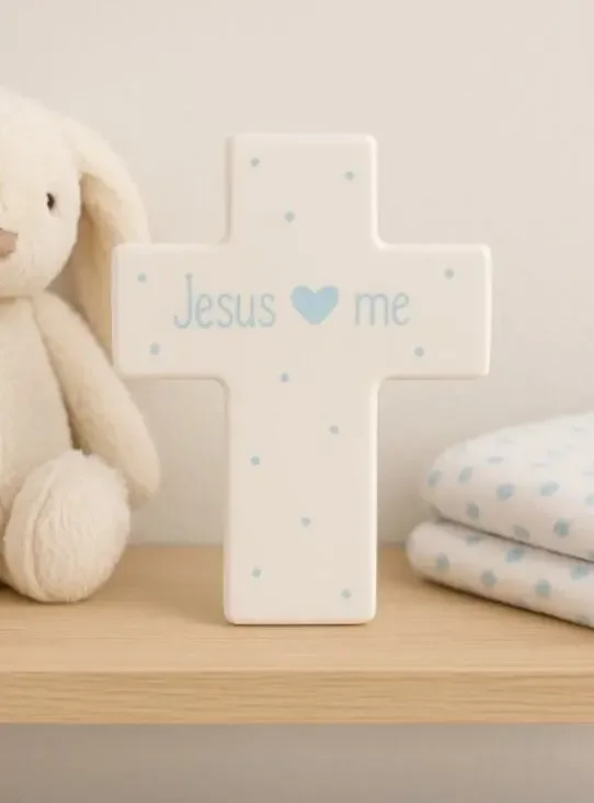 Precious Moments Jesus Loves Me Cross Blue Baby Ceramic Wall Decor 164465