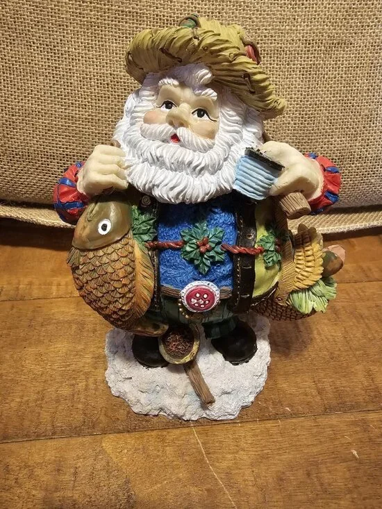 World Bazaars SANTA CLAUS FIGURINE Gone Fishing with Tackle and Fish Super Cute