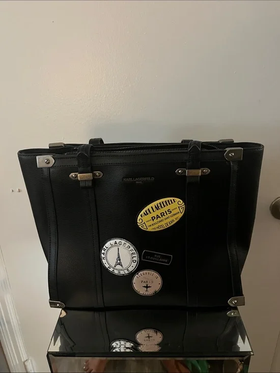 Karl Lagerfeld Black Leather Tote with Paris Patch Accents