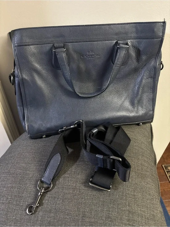 Coach Smith Navy Pebble Leather Briefcase with Detachable Strap.