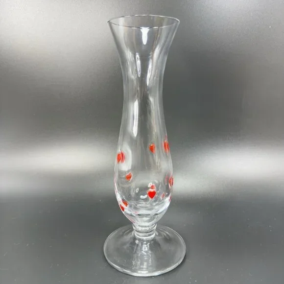 Vintage Clear Glass Vase Vessel‎ Clear Glass With Red Fused Hearts Footed Vase