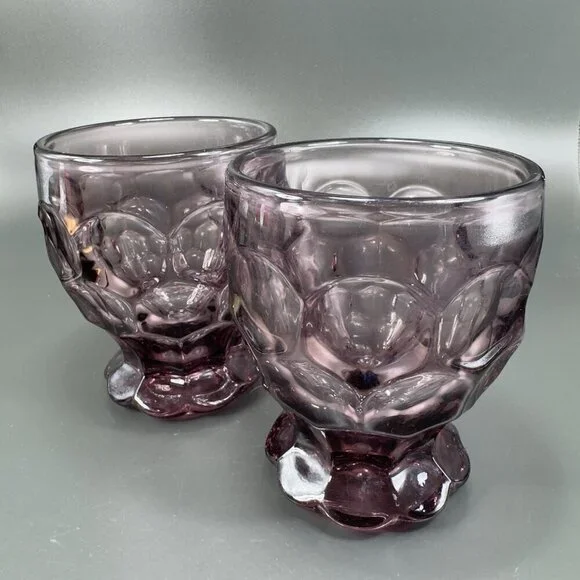Vintage 1980s Amethyst Purple Thumbprint Pattern Glasses Cups BarWare Set 2 READ