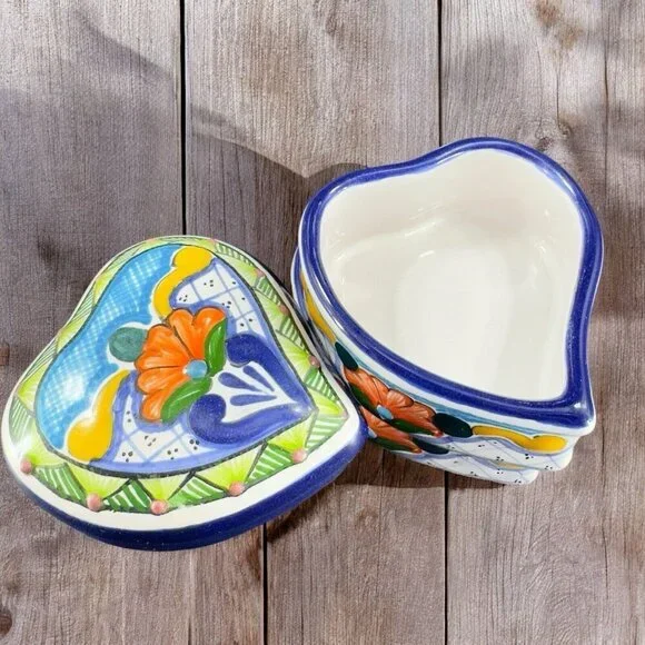 Mexico‎ Talavera Pottery Heart Shaped Trinket Dish Container Jewelry Holder VTG