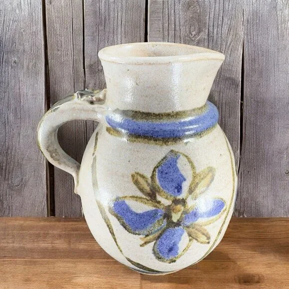 Hand Made Stoneware‎ Pottery Pitcher Carafe Hand Painted Blue Flowers Vintage