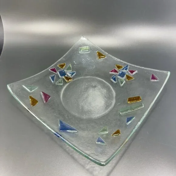 Fused Art‎ Glass Dish Plate Square With Multicolor Spots All Over Glass Dish