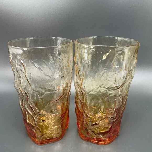 1970s Seneca Driftwood Amber Crinkle Glass Highball Tumblers Cups Vintage Set 2‎