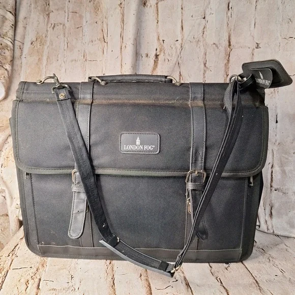 Vintage London Fog Black Canvas Briefcase‎ Laptop Travel Office Work Bag 19