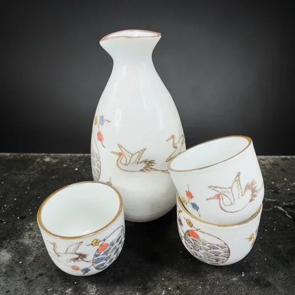Japanese Ceramic Sake Set Bottle Jug Pitcher 3 Cups Stork Bird Pattern Stoneware