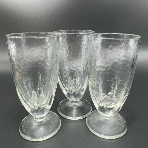 Vintage Clear‎ Crinkle Glass Parfait Footed Glasses Cups Set 3 BarWare Tumblers