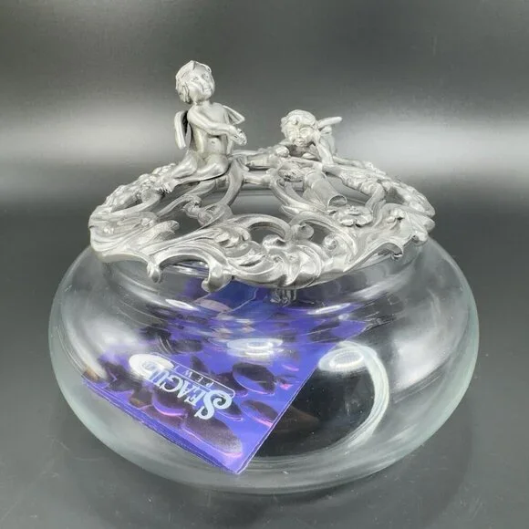 1995 Seagull Canada‎ Pewter Metal Canister Jar Container Lid Clear Glass Marked