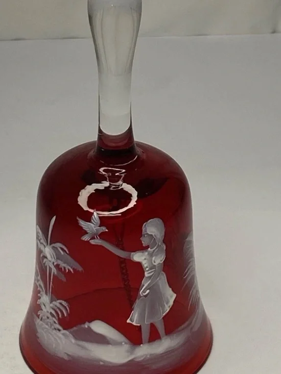 Vintage Fenton Mary Gregory Ruby Red Glass Bell - Girl & Bird 5.5