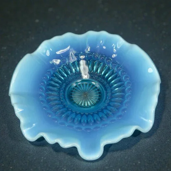 Vintage Opalescent Aqua Blue Scalloped‎ Edge Depression Glass Dish Bowl 8inch