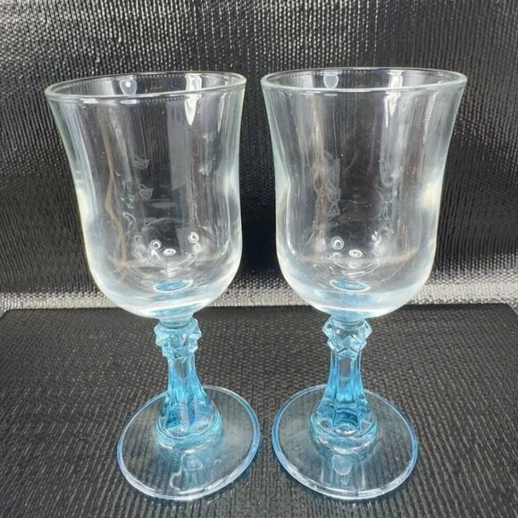 Cristal D’Arques Durand Aqua Blue Stemmed Cordial Glasses Cups Goblets Set 2 VTG