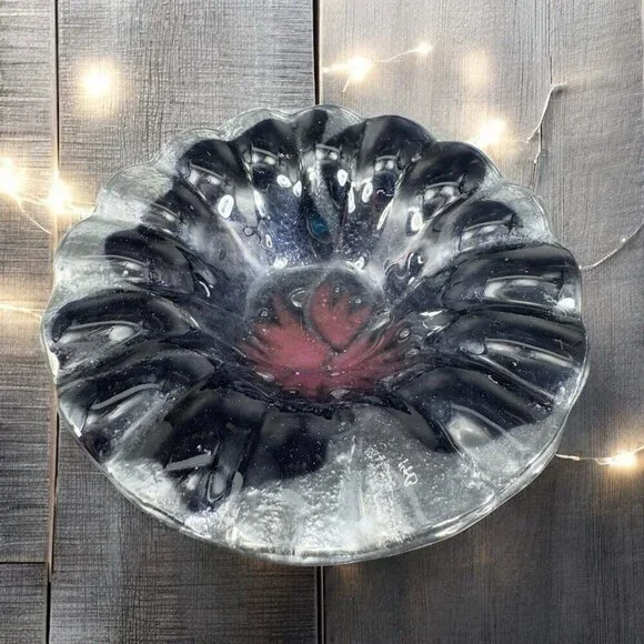 Vintage Hand Made Fused Art‎ Glass Dish Bowl Artist Signed Ruffled Edge Purple