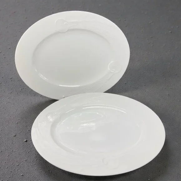 Gustavsberg Classic Flair White Porcelain Oval Dishes Plates‎ Embossed Set 2