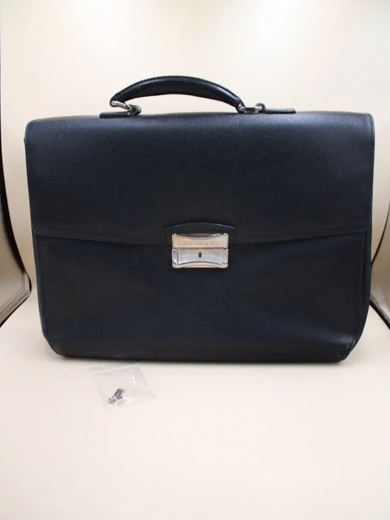 Bulgari Black Leather Men's Briefcase with Silver Hardware